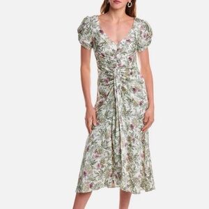 Cinq à Sept Women's Floral Puff Sleeve Walker Midi Dress in Ivory Multi. Sz 8